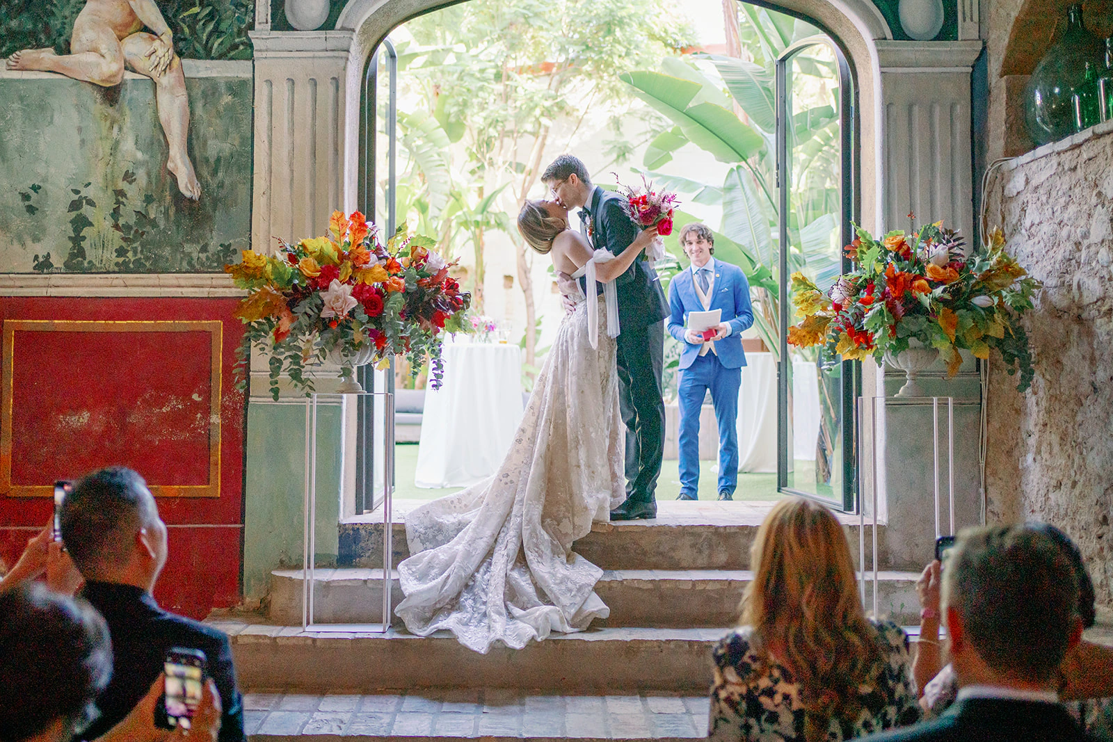 Nick and Joey celebrating together at their Sitges wedding