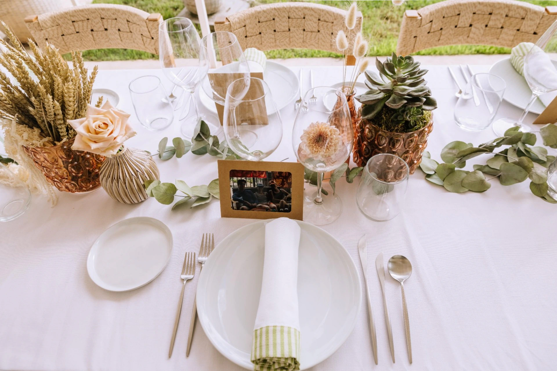 Wedding table styling in a garden setting