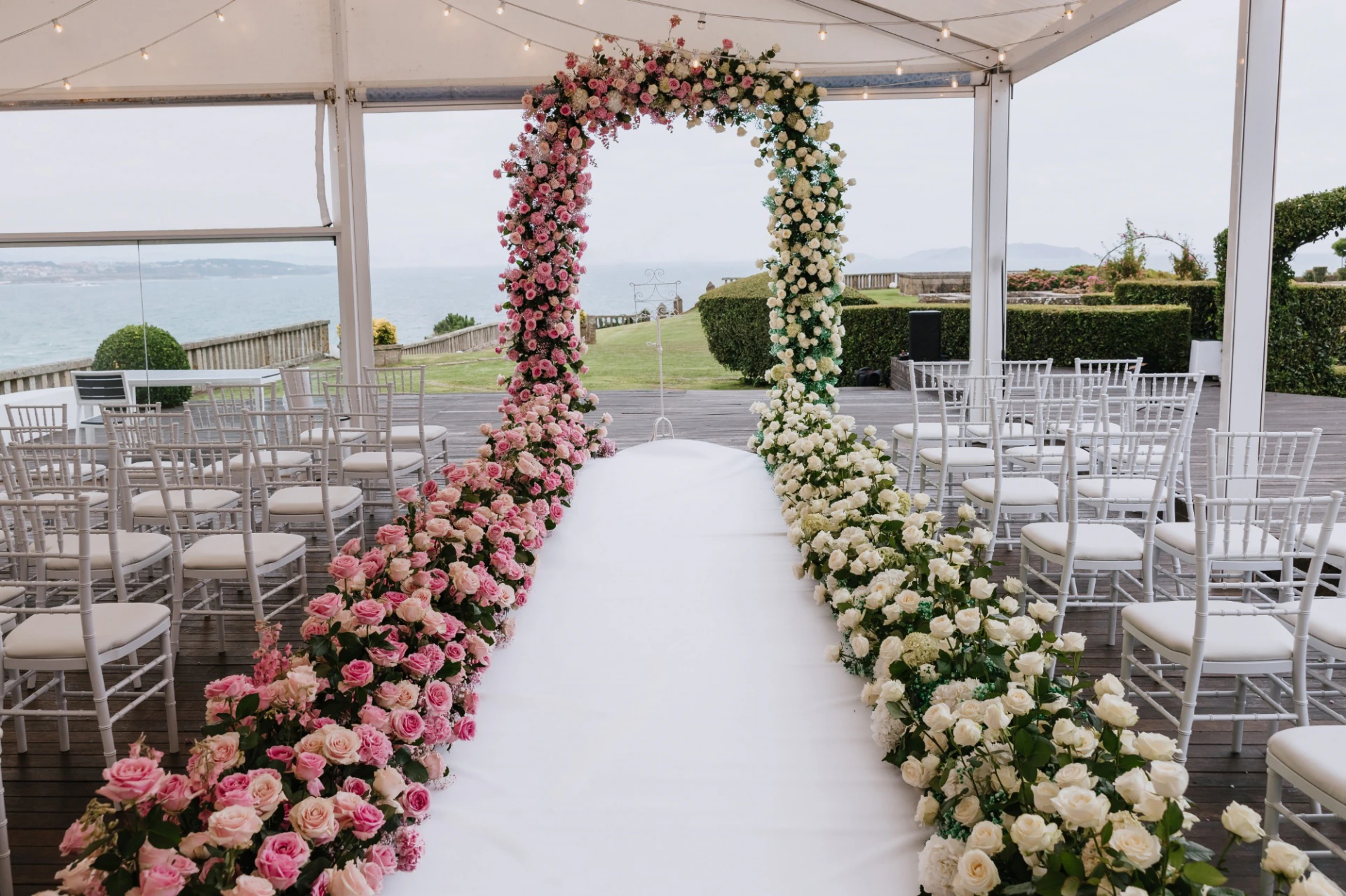 Floral ceremony aisle overlooking the Atlantic coast