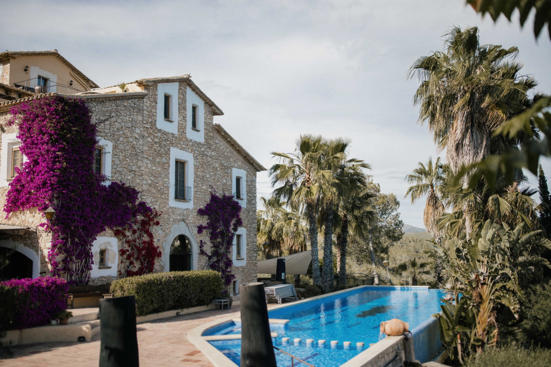 Stone finca and gardens prepared for Samantha and Barry's celebration in Sitges